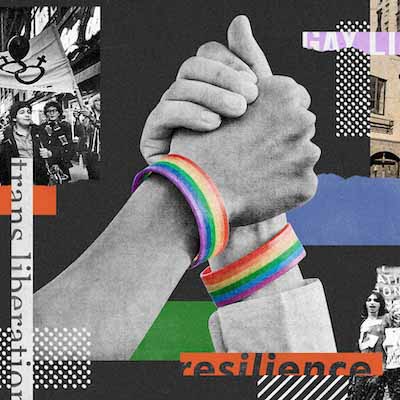 Vibrant digital art collage of two holding hands, each wearing a Pride bracelet amidst layered abstract shapes, word cutouts, and vintage photographs.