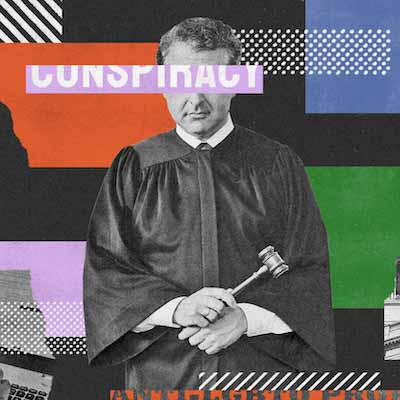 Vibrant digital art collage of a judge amidst layered abstract shapes, word cutouts, and scenes of policy and education