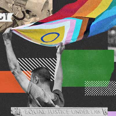 Vibrant digital art collage of an individual holding a Progress Pride flag amidst layered protest scenes, abstract shapes, and word cutouts