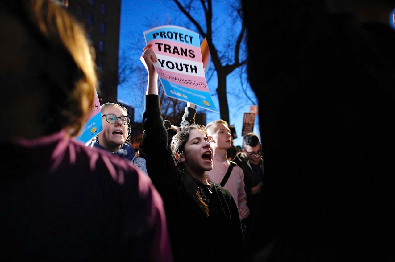 Protesters rally outside of Stonewall Inn in New York City. 