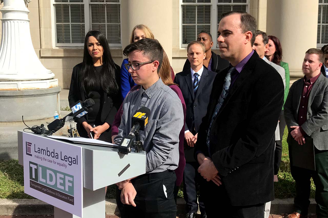 Transgender teen Connor Thonen-Fleck speaks at a Durham press conference. 