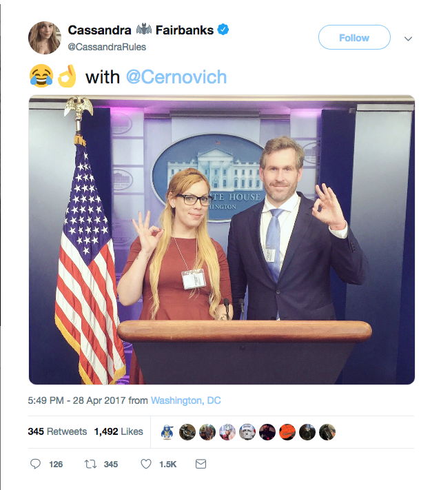 Cassandra Fairbanks and Mike Cernovich make OK gesture in White House