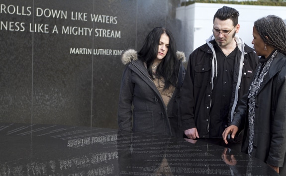 Bryon Widner, his wife Julie, and Lecia Brooks at the Civil Rights Memorial