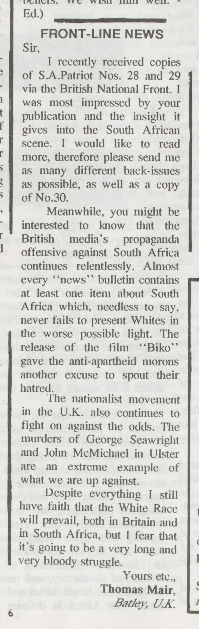 From "South African Patriot in Exile" Issues 30-32 from 1991