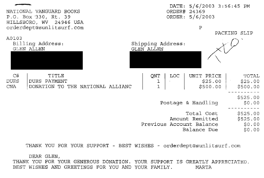 Receipt for National Alliance dues payment and donation made by Glen Allen. 