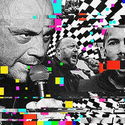 Illustration of Alex Jones, Joe Rogan and Andrew Tate