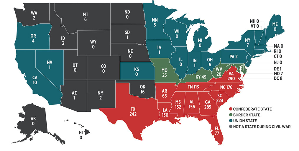 Map marked with number of Confederate memorials in each state