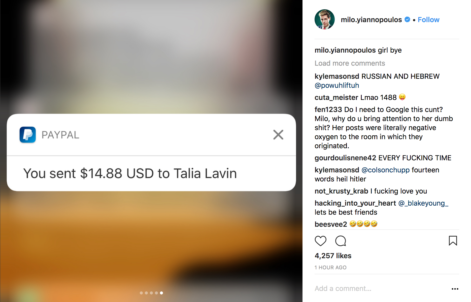 Instagram post by Milo Yiannopoulos showing he sent a Jewish journalist $14.88 via PayPal