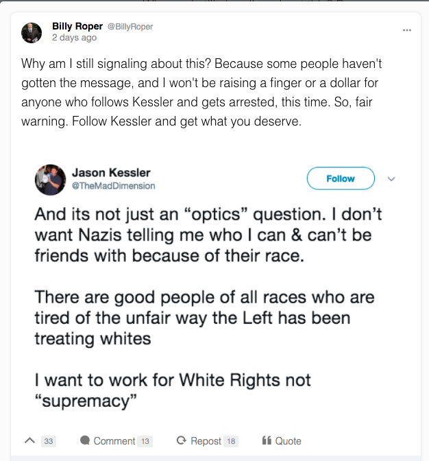 Billy Roper on Jason Kessler Billy Roper Gab post on Jason Kessler