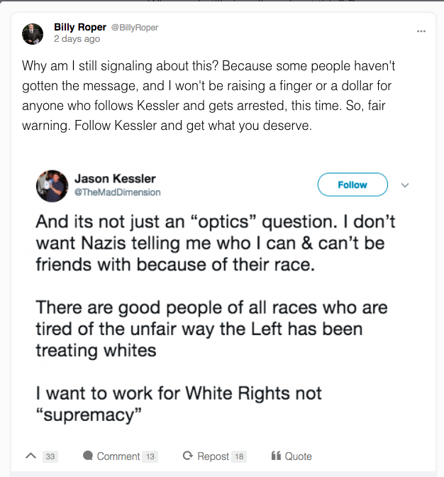 Billy Roper Gab post on Jason Kessler