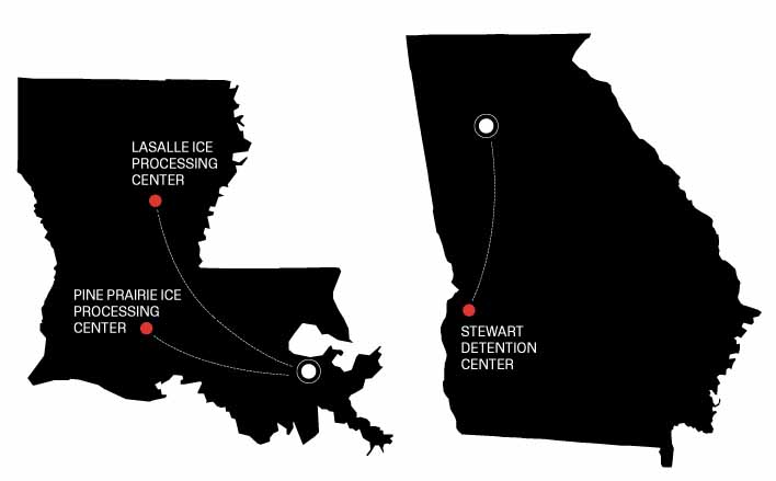 Maps of immigration detention centers in Louisiana and Georgia