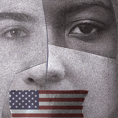 a collage of faces with an American flag on the mouth