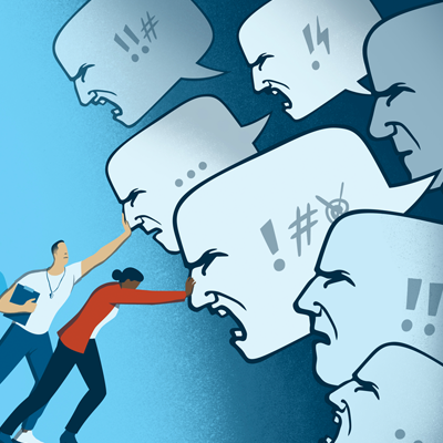 Illustration depicting group of people working together to stop harmful though bubbles.