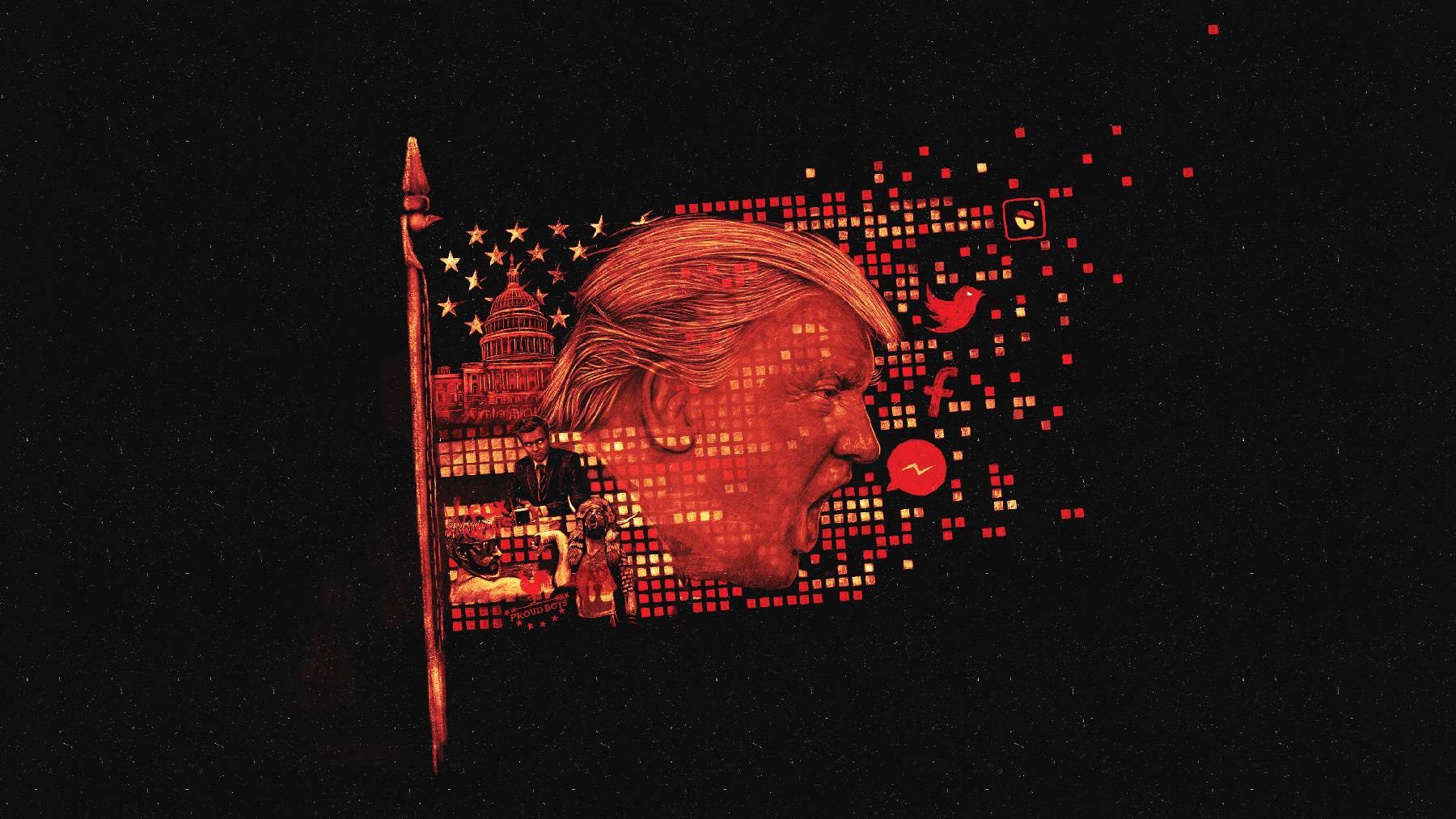 Illustration of Donald Trump, Jan 6 and social media