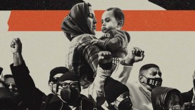 Illustration of activists and refugee family Illustration of activists and refugee family