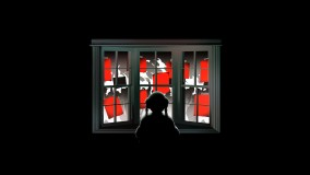 illustration of a child looking out a window at people holding red flyers