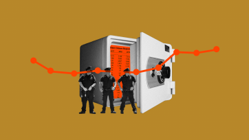 Police officers stand in front of a vault, their faces obscured
