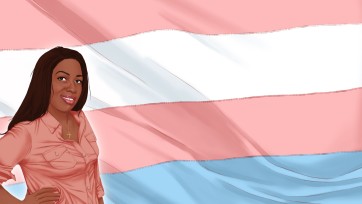 Ashley Diamond in front of transgender flag