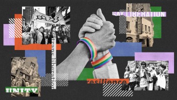 Vibrant digital art collage of two holding hands, each wearing a Pride bracelet amidst layered abstract shapes, word cutouts, and vintage photographs