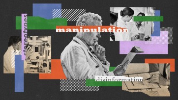 Vibrant digital art collage of a doctor amidst layered abstract shapes, word cutouts, and medical and scientific research scenes.