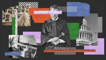 Vibrant digital art collage of a judge amidst layered abstract shapes, word cutouts, and scenes of policy and education.