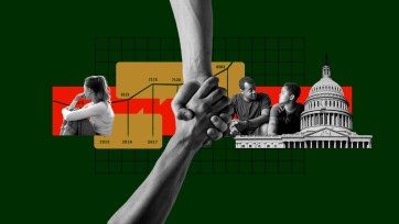 Hands stretch out in support in foreground with statistical charts and government iconography in background.