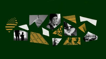 Black and white images of people and government fixtures of note on a green background.