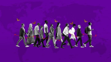 A group of individuals walking in a row against a purple backdrop.
