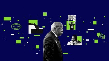 Profile of John Lewis against a blue background with signs advocating for voting rights.