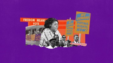 Historical images from Mississippi Freedom Summer 1964 events over a vibrant purple background.