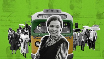 Illustration featuring Rosa Parks in foreground of people walking and a Cleveland Avenue bus from the era