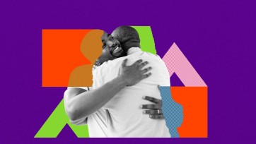 Illustration of two people embracing around symbols of LGBTQ+ allyship.