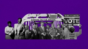 Cutout, black and white image of performers singing and people under the Edmund Pettus Bridge sign and holding placards on a purple background