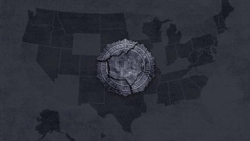Illustration broken Department of Justice shield overlayed map of United States