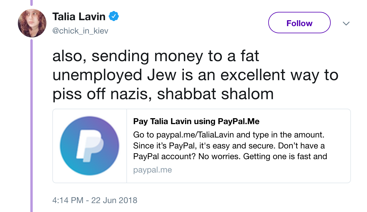 Talia Lavin tweet about PayPal