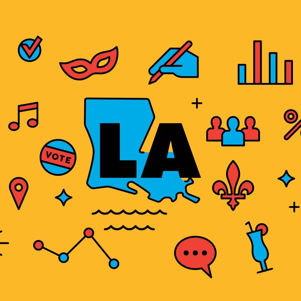 louisiana-voter-guide Louisiana state outline surrounded by icons particular to region