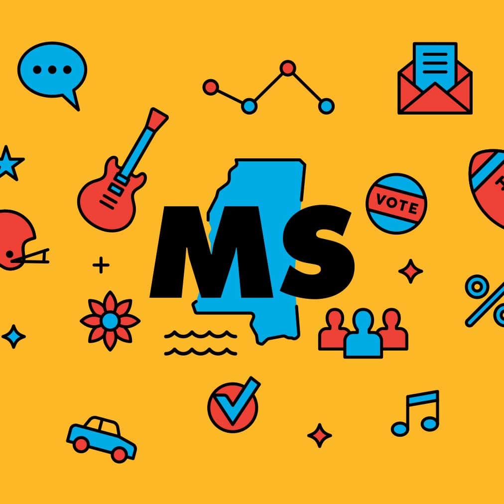 mississippi-voter-guide Mississippi state outline surrounded by icons particular to region