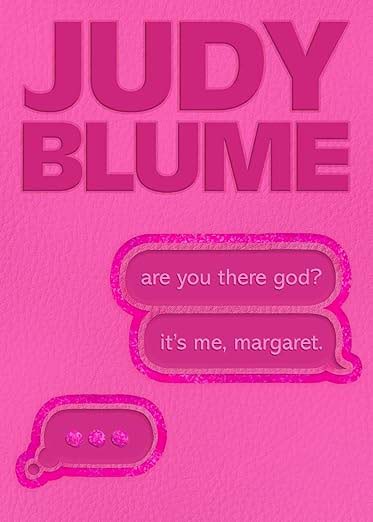 Book cover in vibrant pink color and title words in word bubbles, Are You There God? It's me, Margaret.