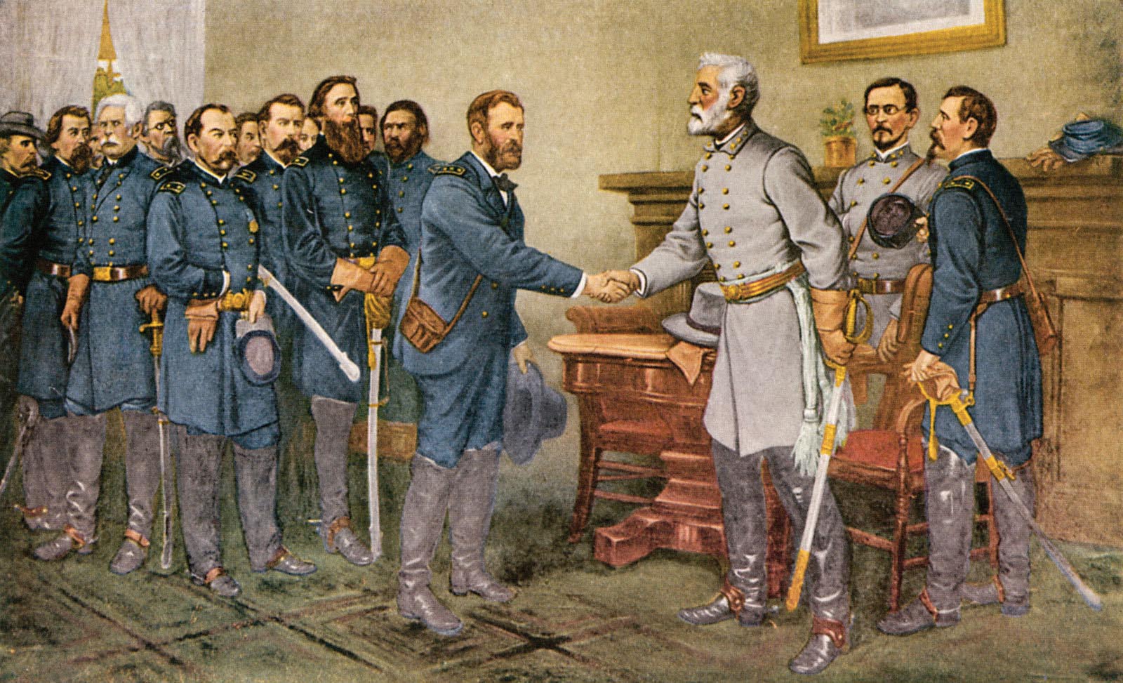 Oil painting depicts the surrender of Confederate Army General Robert E Lee to Union Lt. General Ulysses S. Grant in Northern Virginia.
