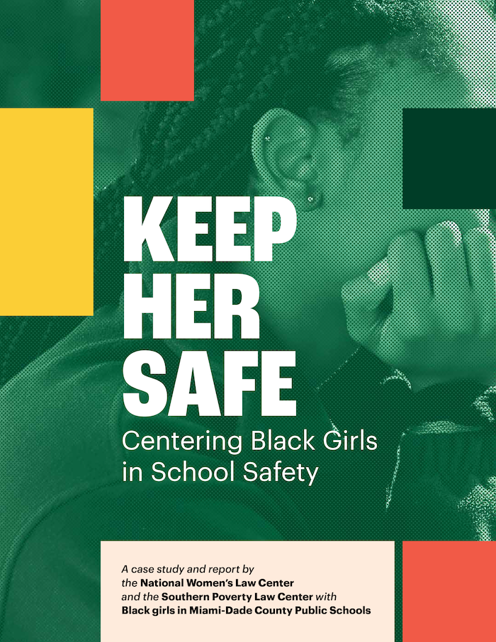 Report cover featuring a woman's profile under words Keep Her Safe: Centering Black Girls in School Safety.