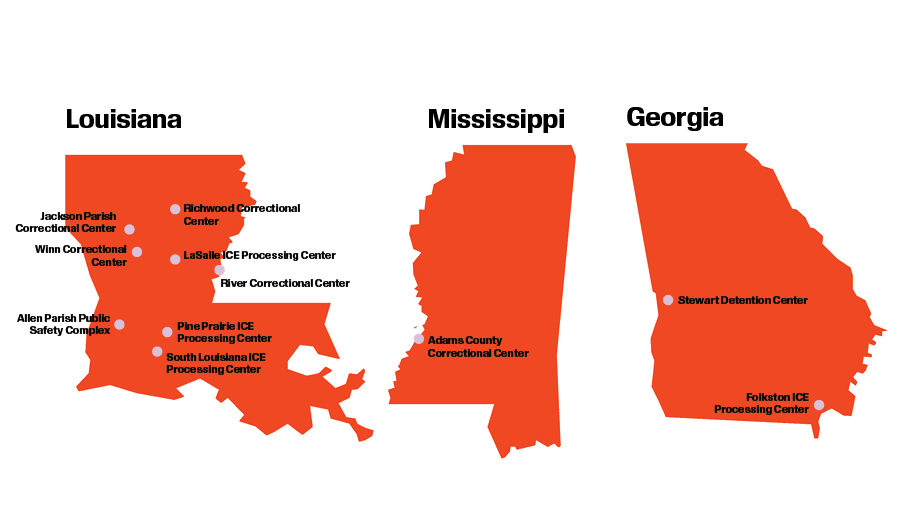 Map of ICE detention centers in South