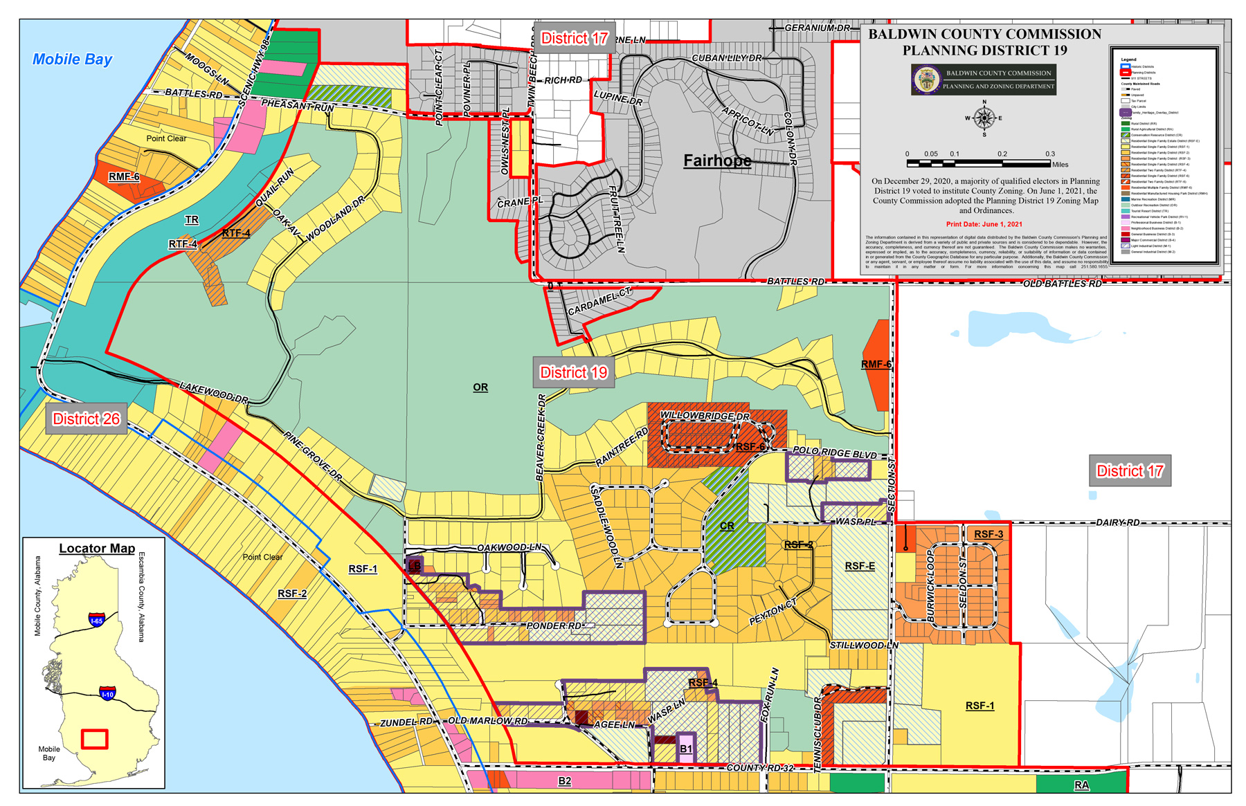 Zoning map for Baldwin County Alabama zoomed to showcase District 19