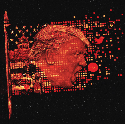 digitized image of Trump on flag with social media icons