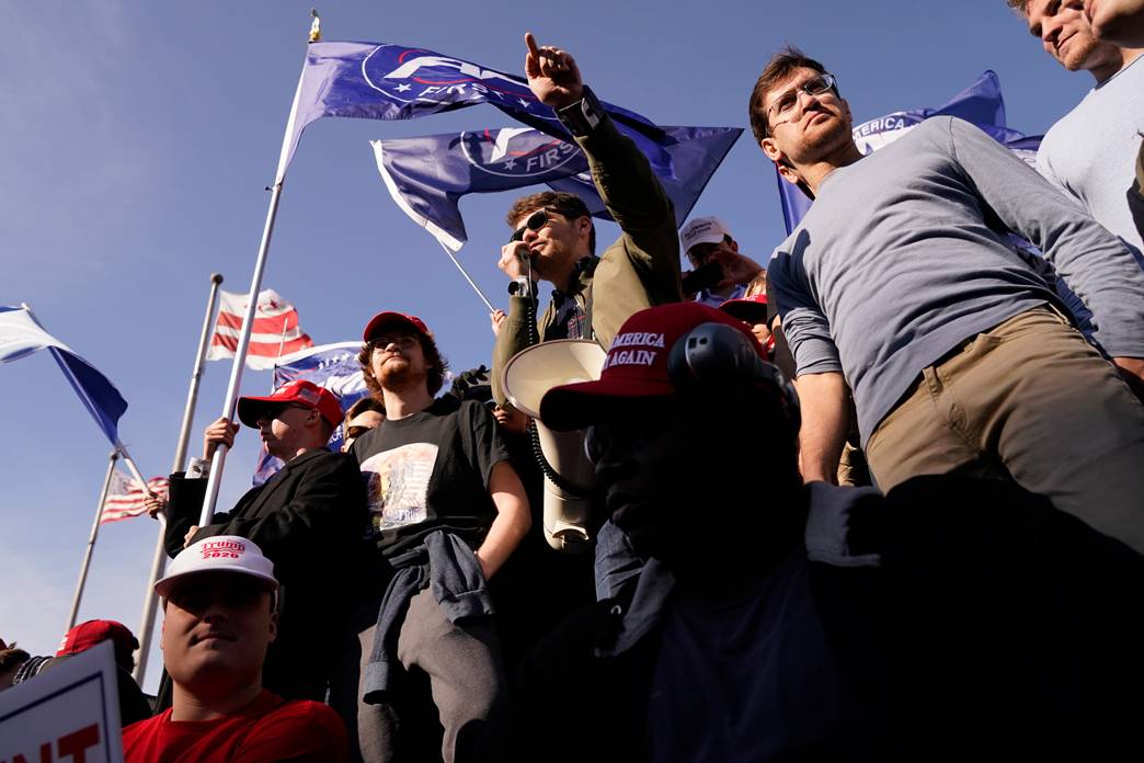 Nick Fuentes speaks to supporters of President Donald Trump