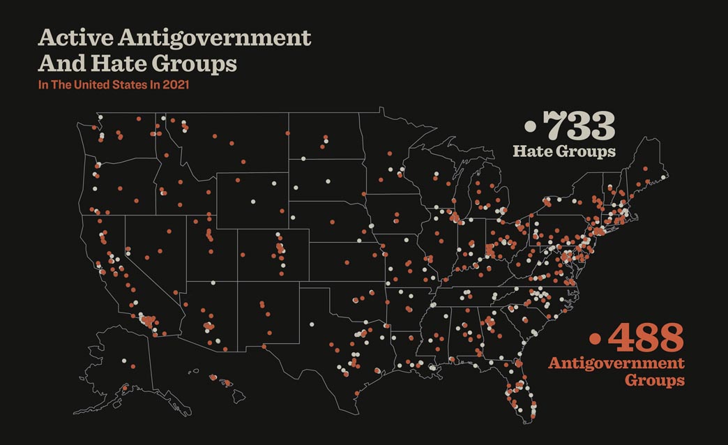 Map of locations of active antigovernment and hate groups in United States