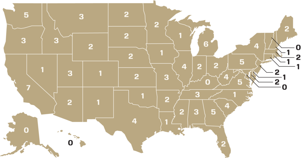 Map with state outlines and numbers indicating white nationalist hate groups by state.
