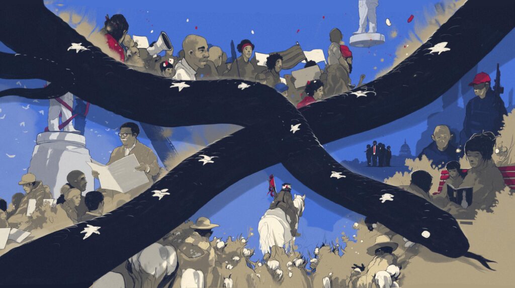Illustration of Confederate battle flag infilled with scenes of protest and monument removal.