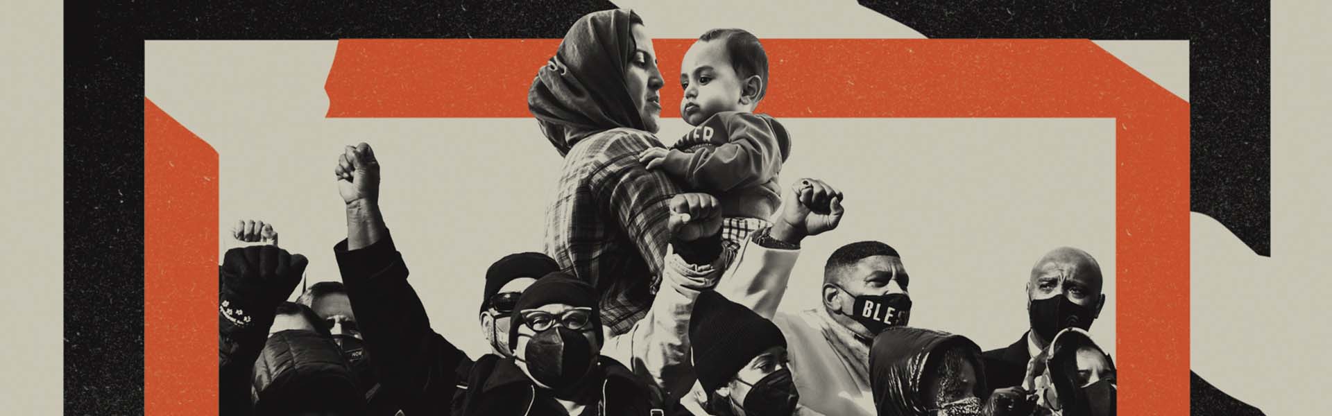 Illustration of activists and refugee family