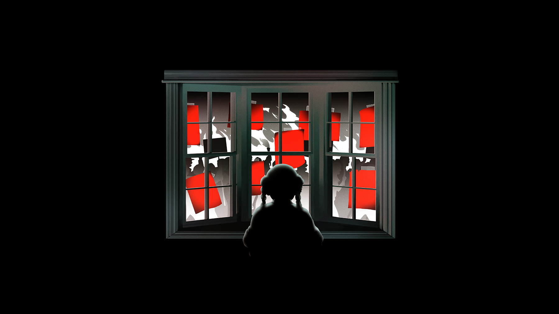 illustration of a child looking out a window at people holding red flyers