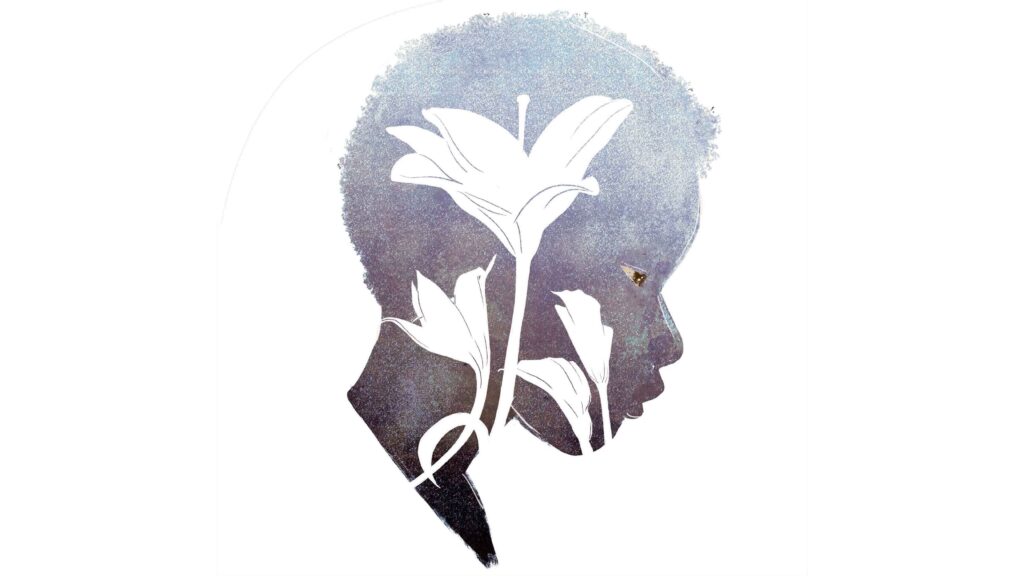 Silhouette of person inlined with a flower stem and leaves.